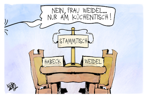 Cartoon: Habeck und Weidel (medium) by Kostas Koufogiorgos tagged karikatur,koufogiorgos,weidel,habeck,afd,gruene,stammtisch,kuechentisch,karikatur,koufogiorgos,weidel,habeck,afd,gruene,stammtisch,kuechentisch