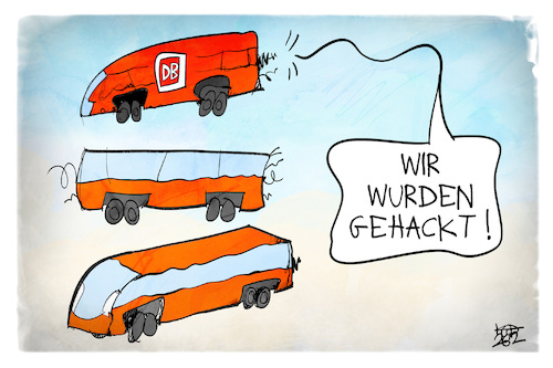 Cartoon: Hackerangriff auf die Bahn (medium) by Kostas Koufogiorgos tagged karikatur,koufogiorgos,hackerangriff,bahn,karikatur,koufogiorgos,hackerangriff,bahn