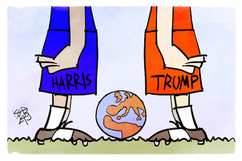 Cartoon: Harris-Trump (medium) by Kostas Koufogiorgos tagged karikatur,koufogiorgos,harris,trump,fußball,erde,duell,usa,karikatur,koufogiorgos,harris,trump,fußball,erde,duell,usa