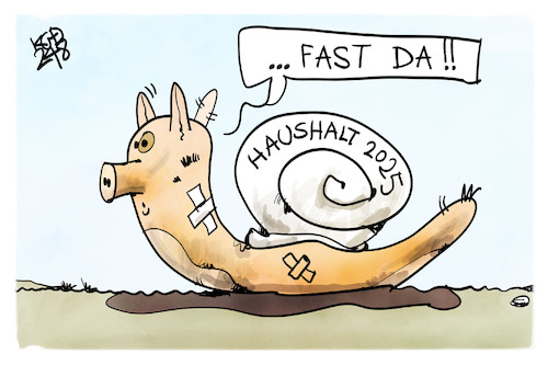 Cartoon: Haushalt 2025 (medium) by Kostas Koufogiorgos tagged karikatur,koufogiorgos,haushalt,2025,sparschwein,schnecke,langsam,karikatur,koufogiorgos,haushalt,2025,sparschwein,schnecke,langsam