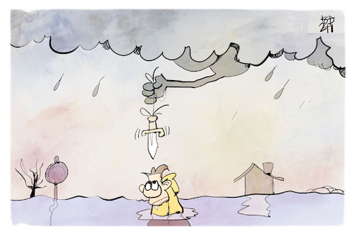 Cartoon: Hochwasser (medium) by Kostas Koufogiorgos tagged karikatur,koufogiorgos,hochwasser,damokles,schwert,wasser,regen,karikatur,koufogiorgos,hochwasser,damokles,schwert,wasser,regen