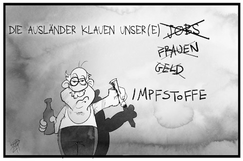 Cartoon: Impfstoff-Mangel (medium) by Kostas Koufogiorgos tagged karikatur,koufogiorgos,illustration,cartoon,covid,corona,impfung,impfstoff,spritze,ausländer,rassismus,diskriminierung,karikatur,koufogiorgos,illustration,cartoon,covid,corona,impfung,impfstoff,spritze,ausländer,rassismus,diskriminierung