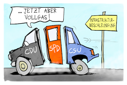 Cartoon: Infrastruktur (medium) by Kostas Koufogiorgos tagged karikatur,koufogiorgos,koalition,ausschuss,regierung,auto,merz,cdu,spd,csu