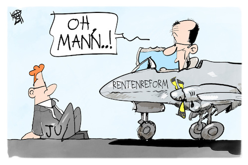 Cartoon: JU-Protest (medium) by Kostas Koufogiorgos tagged karikatur,koufogiorgos,klimakleber,ju,merz,flugzeug,rente,karikatur,koufogiorgos,klimakleber,ju,merz,flugzeug,rente
