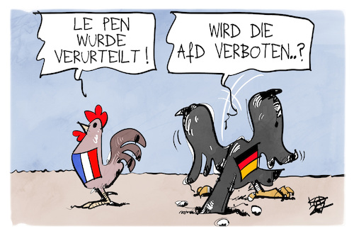 Cartoon: Le Pen und AfD (medium) by Kostas Koufogiorgos tagged karikatur,koufogiorgos,le,pen,frankreich,hahn,afd,bundesadler,verbot,verurteilung,karikatur,koufogiorgos,le,pen,frankreich,hahn,afd,bundesadler,verbot,verurteilung