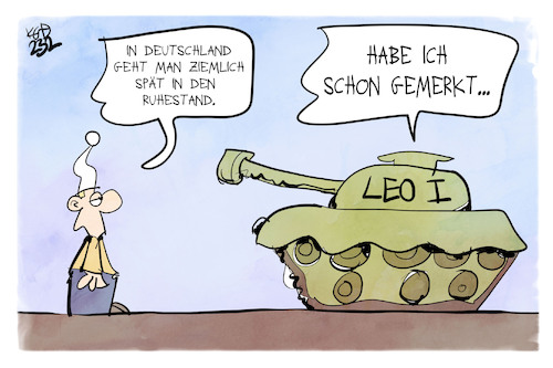 Cartoon: Leopard I (medium) by Kostas Koufogiorgos tagged karikatur,koufogiorgos,leopard,panzer,alt,rente,karikatur,koufogiorgos,leopard,panzer,alt,rente