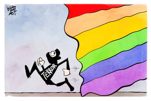 Cartoon: Liebe vs. Terror (medium) by Kostas Koufogiorgos tagged karikatur,koufogiorgos,liebe,terror,terrorismus,regenbogenfahne,pride,csd,karikatur,koufogiorgos,liebe,terror,terrorismus,regenbogenfahne,pride,csd