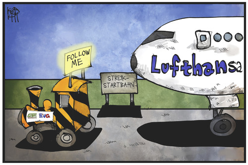 Cartoon: Lufthansa-Streik (medium) by Kostas Koufogiorgos tagged karikatur,koufogiorgos,illustration,cartoon,lufthansa,streik,follow,me,flughafen,landebahn,evg,gdl,bahn,lokomotive,arbeitskampf,karikatur,koufogiorgos,illustration,cartoon,lufthansa,streik,follow,me,flughafen,landebahn,evg,gdl,bahn,lokomotive,arbeitskampf
