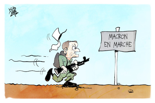 Cartoon: Macron en marche (medium) by Kostas Koufogiorgos tagged karikatur,koufogiorgos,macron,frankreich,marche,bodentruppen,soldat,krieg,ukraine,karikatur,koufogiorgos,macron,frankreich,marche,bodentruppen,soldat,krieg,ukraine