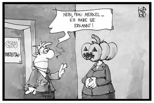 Cartoon: Merkel bei der CSU (medium) by Kostas Koufogiorgos tagged karikatur,koufogiorgos,illustration,cartoon,merkel,csu,cdu,parteitag,einladung,halloween,verkleidung,tarnung,politik,partei,kürbis,karikatur,koufogiorgos,illustration,cartoon,merkel,csu,cdu,parteitag,einladung,halloween,verkleidung,tarnung,politik,partei,kürbis