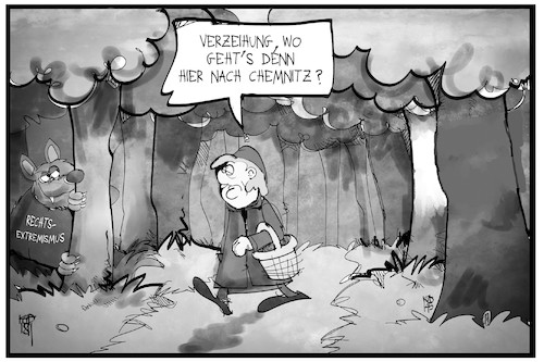 Cartoon: Merkel in Chemnitz (medium) by Kostas Koufogiorgos tagged karikatur,koufogiorgos,illustration,cartoon,merkel,rotkäppchen,wolf,chemnitz,rechtsextremismus,märchen,grimm,wald,neonazi,karikatur,koufogiorgos,illustration,cartoon,merkel,rotkäppchen,wolf,chemnitz,rechtsextremismus,märchen,grimm,wald,neonazi