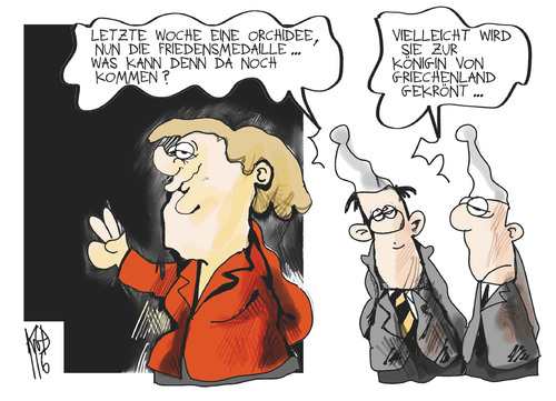 Cartoon: Merkels Orden (medium) by Kostas Koufogiorgos tagged merkel,usa,obama,friedensmedaille,orden,auszeichnung,indien,ehre,griechenland
