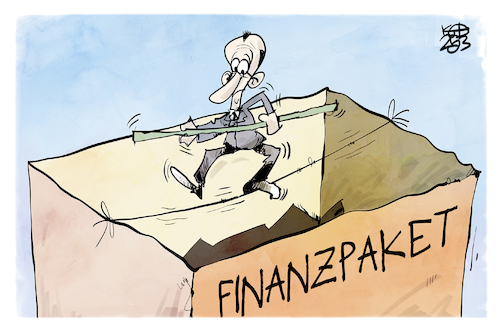 Cartoon: Merzens Drahtseilakt (medium) by Kostas Koufogiorgos tagged karikatur,koufogiorgos,merz,drahtseilakt,finanzpaket,karikatur,koufogiorgos,merz,drahtseilakt,finanzpaket