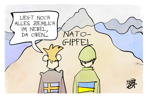 Cartoon: NATO-Gipfel (medium) by Kostas Koufogiorgos tagged karikatur,koufogiorgos,nato,schweden,ukraine,berg,nebel,karikatur,koufogiorgos,nato,schweden,ukraine,berg,nebel