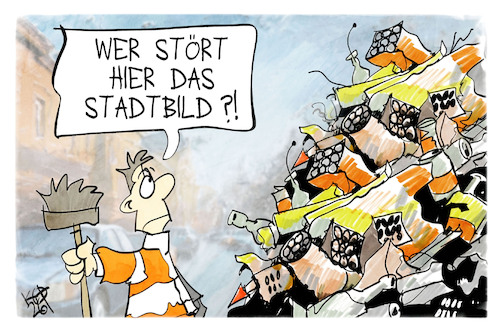 Cartoon: Neujahrs-Stadtbild (medium) by Kostas Koufogiorgos tagged karikatur,koufogiorgos,neujahr,stadtbild,müllwerker,müll,böller,feuerwerk,karikatur,koufogiorgos,neujahr,stadtbild,müllwerker,müll,böller,feuerwerk