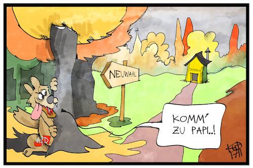 Cartoon: Neuwahlen (medium) by Kostas Koufogiorgos tagged karikatur,koufogiorgos,illustration,cartoon,neuwahlen,jamaika,sondierung,afd,wolf,partei,politik,demokratie,karikatur,koufogiorgos,illustration,cartoon,neuwahlen,jamaika,sondierung,afd,wolf,partei,politik,demokratie