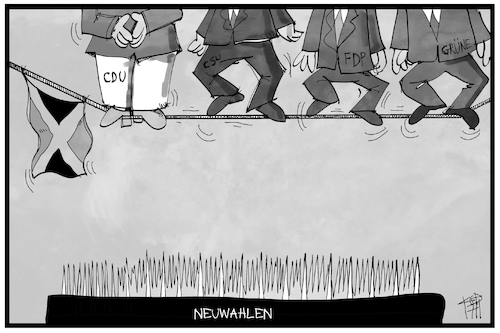 Cartoon: Neuwahlen (medium) by Kostas Koufogiorgos tagged karikatur,koufogiorgos,illustration,cartoon,jamaika,neuwahlen,drahtseilakt,merkel,cdu,csu,union,fdp,gruene,karikatur,koufogiorgos,illustration,cartoon,jamaika,neuwahlen,drahtseilakt,merkel,cdu,csu,union,fdp,gruene