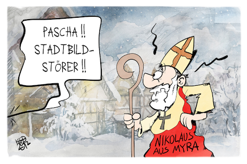 Cartoon: Nikolaustag (medium) by Kostas Koufogiorgos tagged karikatur,koufogiorgos,myra,nikolaus,stadtbild,störer,karikatur,koufogiorgos,myra,nikolaus,stadtbild,störer