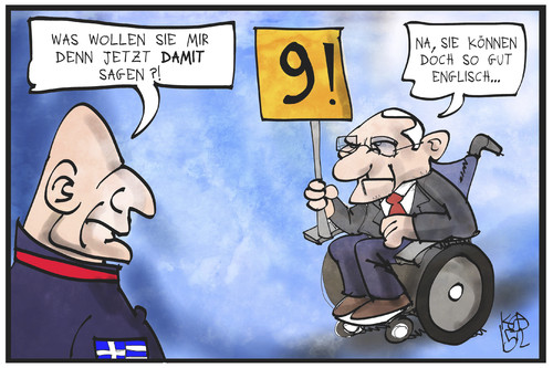 Cartoon: Nine! (medium) by Kostas Koufogiorgos tagged karikatur,koufogiorgos,illustration,cartoon,varoufakis,schaeuble,nine,nein,konflikt,griechenland,deutschland,finanzminister,politik,karikatur,koufogiorgos,illustration,cartoon,varoufakis,schaeuble,nine,nein,konflikt,griechenland,deutschland,finanzminister,politik