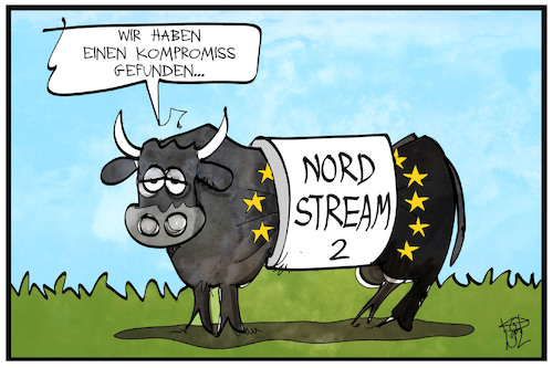 Cartoon: Nord Stream 2-Kompromiss (medium) by Kostas Koufogiorgos tagged karikatur,koufogiorgos,illustration,cartoon,nordstream,pipeline,gas,energie,versorgung,stier,frankreich,eu,europa,deutschland,russland,kompromiss,einigung,karikatur,koufogiorgos,illustration,cartoon,nordstream,pipeline,gas,energie,versorgung,stier,frankreich,eu,europa,deutschland,russland,kompromiss,einigung