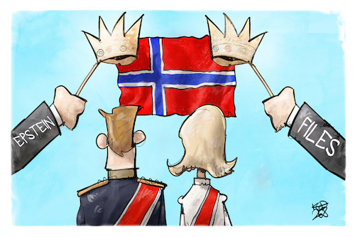 Cartoon: Norwegen (medium) by Kostas Koufogiorgos tagged karikatur,koufogiorgos,haakon,mette,marit,epstein,files,skandal,krone,adel,karikatur,koufogiorgos,haakon,mette,marit,epstein,files,skandal,krone,adel