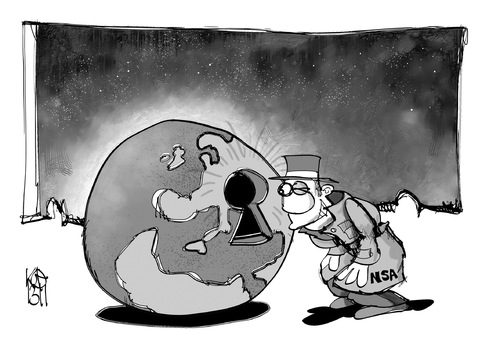 Cartoon: NSA-Spionage (medium) by Kostas Koufogiorgos tagged nsa,agent,spionage,welt,usa,snowden,karikatur,koufogiorgos,nsa,agent,spionage,welt,usa,snowden,karikatur,koufogiorgos