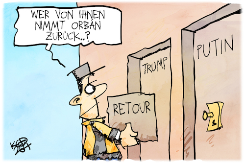 Cartoon: Orban wird abgewählt (medium) by Kostas Koufogiorgos tagged karikatur,koufogiorgos,orban,ungarn,trump,putin,retour,paket,karikatur,koufogiorgos,orban,ungarn,trump,putin,retour,paket