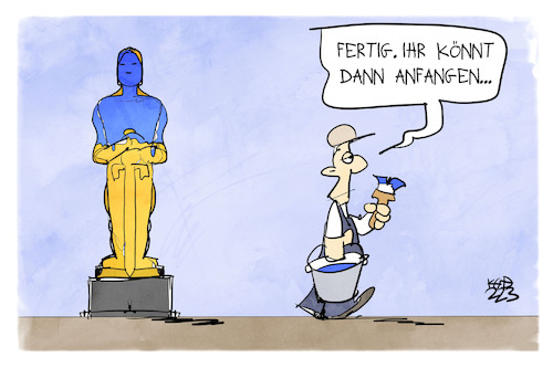 Cartoon: Oscars 2022 (medium) by Kostas Koufogiorgos tagged karikatur,koufogiorgos,ukraine,blau,gelb,farbe,fahne,flagge,symbol,zeichen,hollywood,film,academy,award,karikatur,koufogiorgos,ukraine,blau,gelb,farbe,fahne,flagge,symbol,zeichen,hollywood,film,academy,award