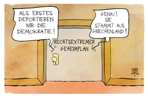 Cartoon: Rechtsextremer Geheimplan (medium) by Kostas Koufogiorgos tagged karikatur,koufogiorgos,demokratie,afd,rechtsextremismus,deportation,karikatur,koufogiorgos,demokratie,afd,rechtsextremismus,deportation