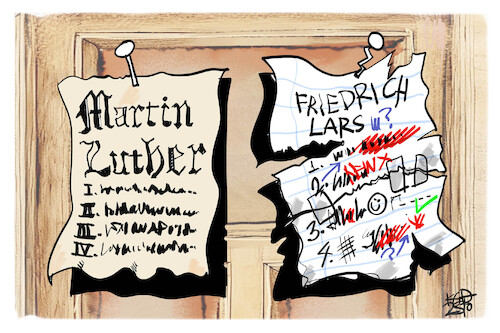 Reformationstag (medium) Cartoon: Reformationstag (medium) by Kostas Koufogiorgos tagged karikatur,koufogiorgos,reformationstag,thesen,merz,klingbeil,karikatur,koufogiorgos,reformationstag,thesen,merz,klingbeil