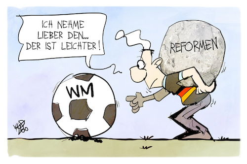 Cartoon: Reformen vs. Fußball (medium) by Kostas Koufogiorgos tagged karikatur,koufogiorgos,reformen,stein,schwer,leicht,fußball,wm,last,michel,karikatur,koufogiorgos,reformen,stein,schwer,leicht,fußball,wm,last,michel