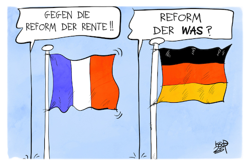 Cartoon: Rentenreform in Frankreich (medium) by Kostas Koufogiorgos tagged karikatur,koufogiorgos,frankreich,deutschland,fahne,rentenreform,demonstration,protest,karikatur,koufogiorgos,frankreich,deutschland,fahne,rentenreform,demonstration,protest