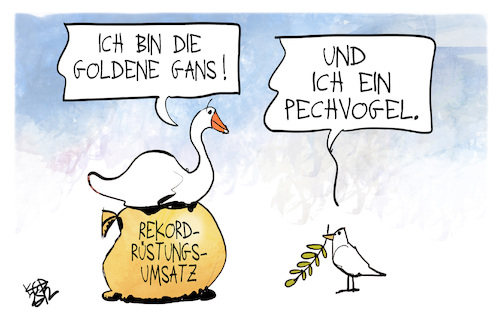 Cartoon: Rüstungsumsätze (medium) by Kostas Koufogiorgos tagged karikatur,koufogiorgos,rüstung,umsatz,gold,geldsacl,frieden,taube,gans,pechvogel,karikatur,koufogiorgos,rüstung,umsatz,gold,geldsacl,frieden,taube,gans,pechvogel