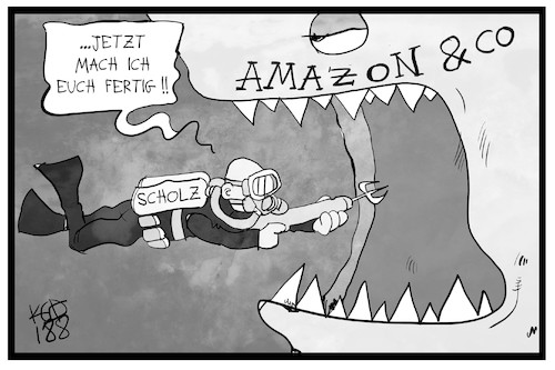 Cartoon: Scholz greift an (medium) by Kostas Koufogiorgos tagged scholz,amazon,steuern,finanzern,konzern,karikatur,koufogiorgos,scholz,amazon,steuern,finanzern,konzern,karikatur,koufogiorgos