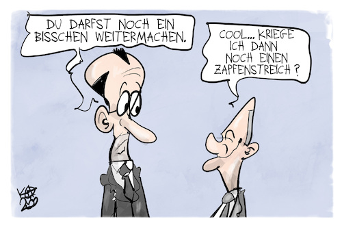 Cartoon: Scholz macht weiter (medium) by Kostas Koufogiorgos tagged karikatur,koufogiorgos,scholz,merz,zapfenstreich,bundeskanzler,karikatur,koufogiorgos,scholz,merz,zapfenstreich,bundeskanzler