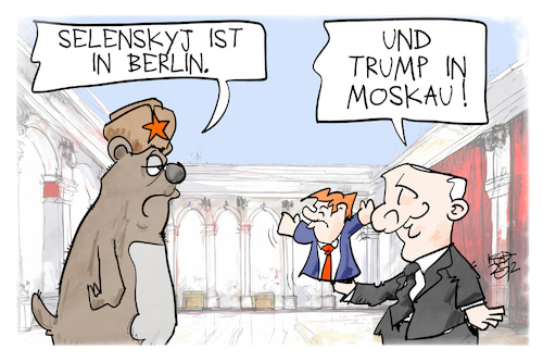 Cartoon: Selenskyj in Berlin (medium) by Kostas Koufogiorgos tagged karikatur,koufogiorgos,selenskyj,putin,trump,moskau,berlin,karikatur,koufogiorgos,selenskyj,putin,trump,moskau,berlin