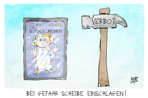 Cartoon: Social-Media-Verbot (medium) by Kostas Koufogiorgos tagged karikatur,koufogiorgos,social,media,kind,handy,smartphone,verbot,hammer,gefahr,digital,jugendschutz,karikatur,koufogiorgos,social,media,kind,handy,smartphone,verbot,hammer,gefahr,digital,jugendschutz