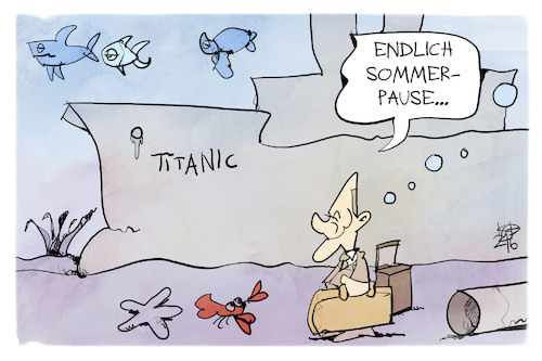 Cartoon: Sommerpause (medium) by Kostas Koufogiorgos tagged karikatur,koufogiorgos,sommerpause,titanic,spd,umfrage,scholz,karikatur,koufogiorgos,sommerpause,titanic,spd,umfrage,scholz