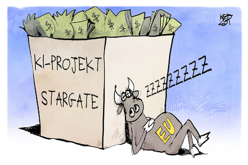 Cartoon: Stargate (medium) by Kostas Koufogiorgos tagged karikatur,koufogiorgos,usa,stargate,eu,geld,investition,ki,karikatur,koufogiorgos,usa,stargate,eu,geld,investition,ki