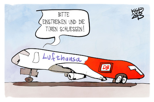 Cartoon: Streik bei Bahn und Lufthansa (medium) by Kostas Koufogiorgos tagged karikatur,koufogiorgos,bahn,flugzeug,streik,karikatur,koufogiorgos,bahn,flugzeug,streik