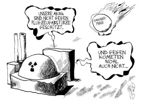 Cartoon: Stresstest (medium) by Kostas Koufogiorgos tagged akw,atomkraft,flugzeugabsturz,komet,endlager,frage,stresstest,nuklearenergie