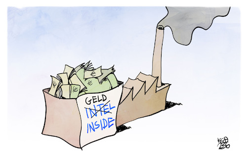 Cartoon: Subventionen für intel (medium) by Kostas Koufogiorgos tagged karikatur,koufogiorgos,intel,chip,fabrik,subvention,karikatur,koufogiorgos,intel,chip,fabrik,subvention