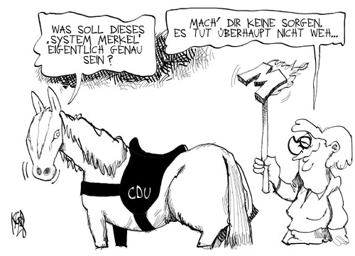 Cartoon: System Merkel (medium) by Kostas Koufogiorgos tagged merkel,pferd,cdu,brand,marke,system,partei,vorsitzende,karikatur,kostas,koufogiorgos,merkel,cdu,system,partei