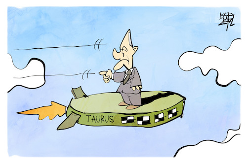 Cartoon: Taurus (medium) by Kostas Koufogiorgos tagged karikatur,koufogiorgos,taurus,scholz,waffen,marschflugkörper,karikatur,koufogiorgos,taurus,scholz,waffen,marschflugkörper