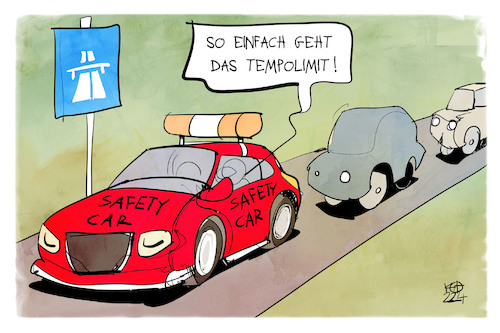 Cartoon: Tempolimit auf der Autobahn (medium) by Kostas Koufogiorgos tagged karikatur,koufogiorgos,tempolimit,autobahn,safety,car,verkehr,karikatur,koufogiorgos,tempolimit,autobahn,safety,car,verkehr