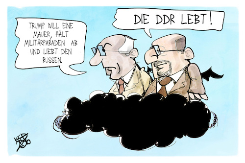 Cartoon: Trumps DDR (medium) by Kostas Koufogiorgos tagged karikatur,koufogiorgos,honecker,ulbricht,trump,usa,mauer,parade,russe,wolke,geschichte,karikatur,koufogiorgos,honecker,ulbricht,trump,usa,mauer,parade,russe,wolke,geschichte