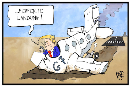Cartoon: Trumps G7 (medium) by Kostas Koufogiorgos tagged karikatur,koufogiorgos,illustration,cartoon,trump,flugzeug,bruchlandung,g7,gipfel,usa,präsident,karikatur,koufogiorgos,illustration,cartoon,trump,flugzeug,bruchlandung,g7,gipfel,usa,präsident