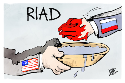 Cartoon: USA-Russland (medium) by Kostas Koufogiorgos tagged karikatur,koufogiorgos,riad,usa,russland,pilatus,blut,unschuld,lawrow,rubio,karikatur,koufogiorgos,riad,usa,russland,pilatus,blut,unschuld,lawrow,rubio