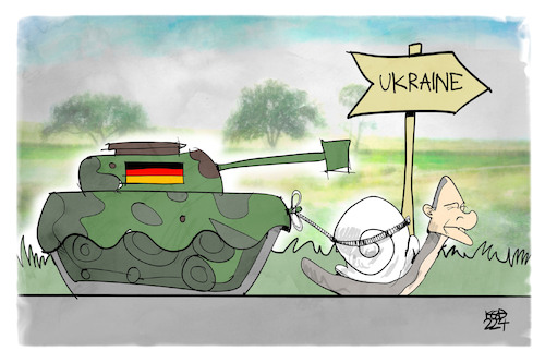 Cartoon: Waffenlieferungen (medium) by Kostas Koufogiorgos tagged karikatur,koufogiorgos,waffen,panzer,ukraine,scholz,schnecke,langsam,karikatur,koufogiorgos,waffen,panzer,ukraine,scholz,schnecke,langsam