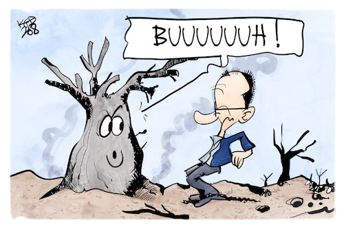 Cartoon: Waldbrand (medium) by Kostas Koufogiorgos tagged karikatur,koufogiorgos,waldbrand,merz,buh,baum,besuch,bundeskanzler,karikatur,koufogiorgos,waldbrand,merz,buh,baum,besuch,bundeskanzler